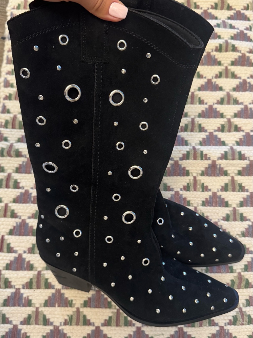 stradivarius Black Suede Studded Mid-Calf Boots